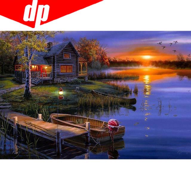 5D Rundes Diamantenmuster Sonnenuntergang Dorf Meer Diamantstickerei DIY Handarbeit Diamantmalerei 20X30