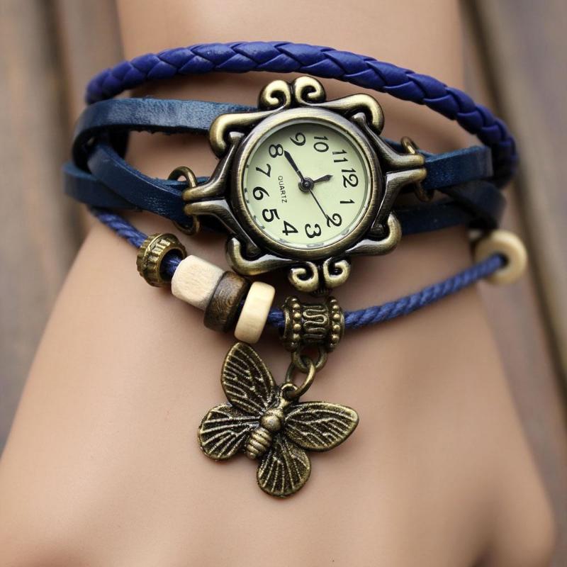 Damenmode Vintage Butterfly Drop Lederarmbanduhr Wickeluhr blau