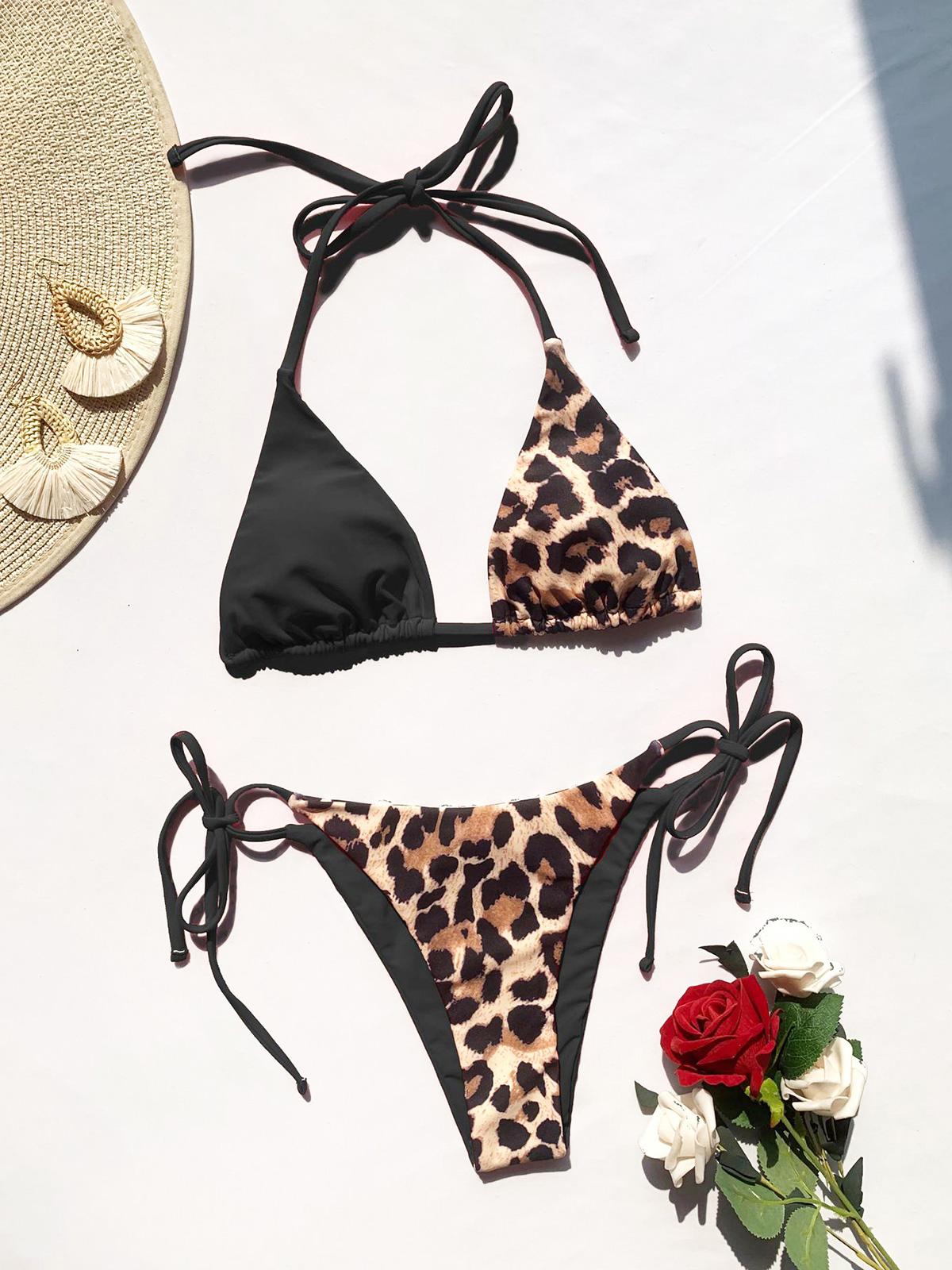 10 farben Spleißen Halter Leopard Bikini Weiblichen Badeanzug Frauen Bademode Zwei-stück Bikini set Badende Badeanzug Schwimmen Dame S Leo-Print/schwarz