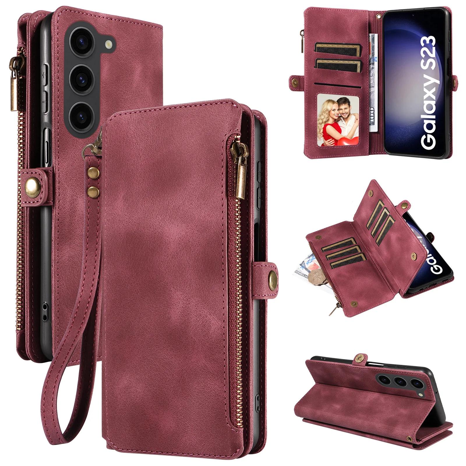 Handy-Brieftaschenhülle für Samsung Galaxy S25 S24 S23 S22 S21 S20 FE Ultra PU-Leder Stoßfeste RFID-blockierende Schutzhüllen For Galaxy S21 rot