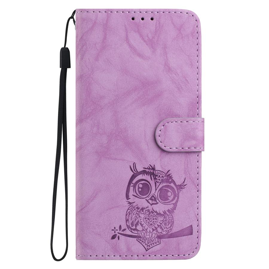 Geprägte Eulen-Handyhülle für Samsung S25 Ultra S24 S23 S22 A56 A36 A26 A16 A55 A54 A53 A35 A34 A33 Handgelenksgurt-Geldbörsenhülle für iPhone 16 15 14 13 12 11 Samsung S23 violett