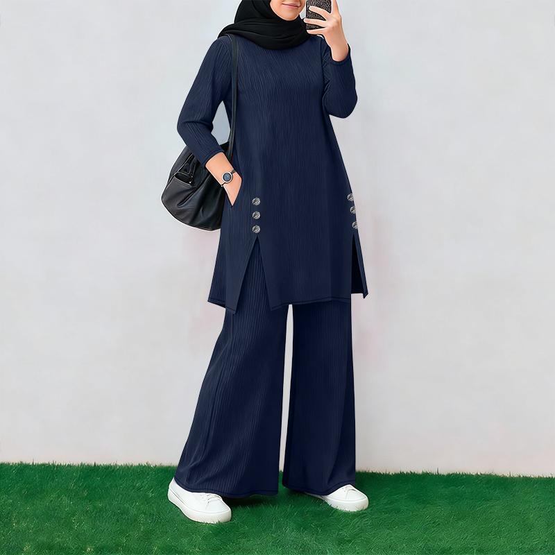 ZANZEA Damen Langarm-Bluse und Hose Muslimische Lässige Zweiteilige Anzugsets S dunkelblau