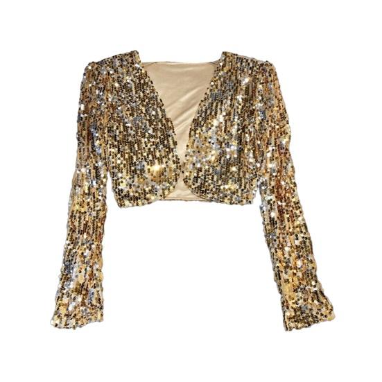 Damen Pailletten Schulterjacke Offene Vorderseite Langarm Kurz Bolero Jacken Glitzernd Party Club Ausgehen Strickjacke M goldgelb