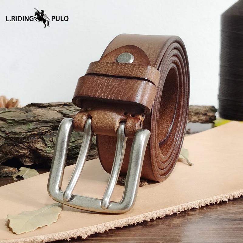 Hochwertiger Doppelsteg-Gürtel für Herren Echtes Leder Oberste Schicht Reine Rindsleder Retro Casual Gürtel 120cm khaki