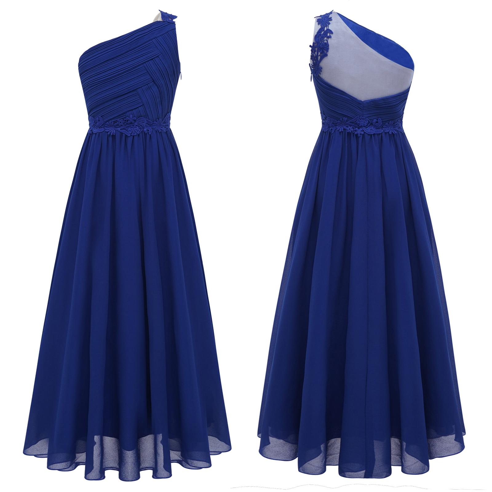 Mädchen One Shoulder Plissee Abend Hochzeit Party Langes Maxi Maxi Junior Brautjungfernkleid Kinder Erstkommunion Kleider 15-16 Years blau