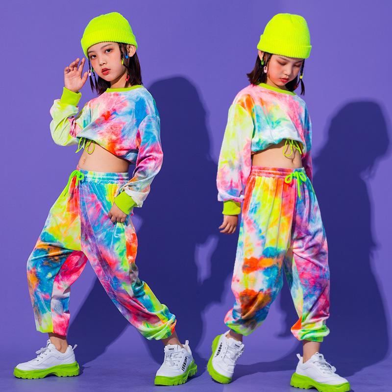 Mädchen Hip Hop Farbe Graffiti Sweatshirt + Jogger Hose Zweiteilige Anzüge Kinder Kind Streetwear Sport Outfit Teenager Jazz Street Dance Kostüm 4–15 Jahre 120cm