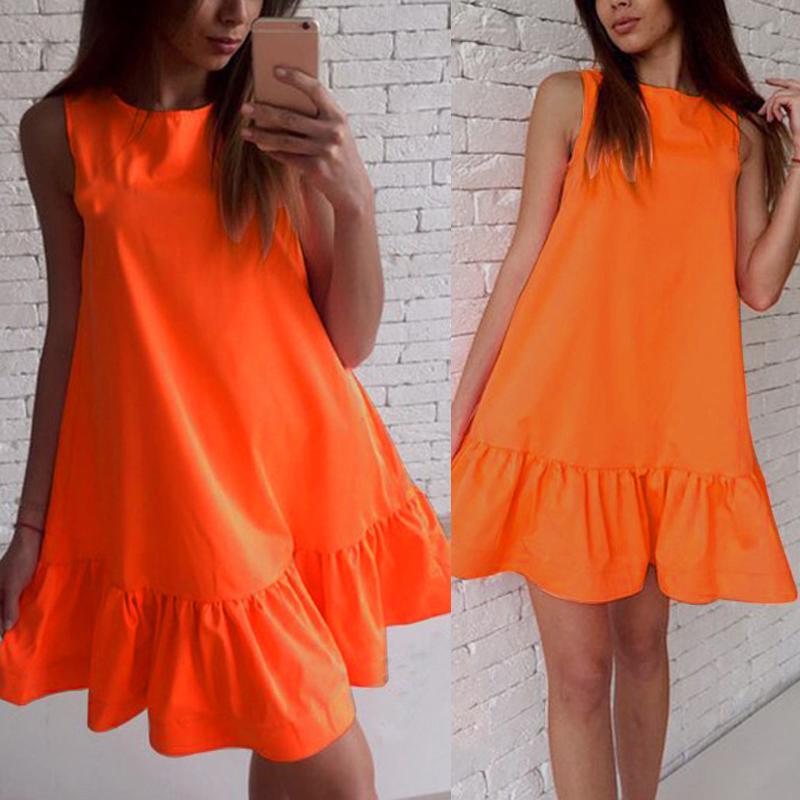 Damen Cocktailkleid, lässig, kurz, Minikleid, Kleid, Sommer, ärmellos, Party, Damenmode M orange