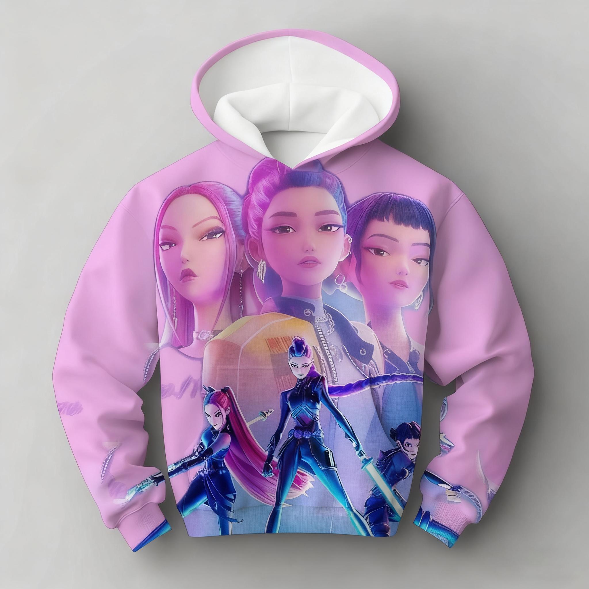 KPop Dämonenjäger Huntrix Hoodie Kinder Kapuzensweatshirt Baby Mädchen Pullover Hoodies Jungen Mode Oberbekleidung Kinderbekleidung 130 pink