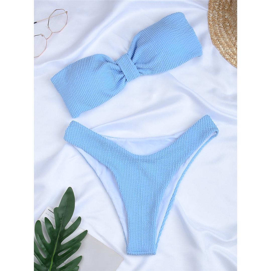 5 farben Faltig Bandeau Bikini Frauen Bademode Weiblichen Badeanzug Zwei-stück Bikini set Gepolsterte Badende Badeanzug Schwimmen Dame S blau