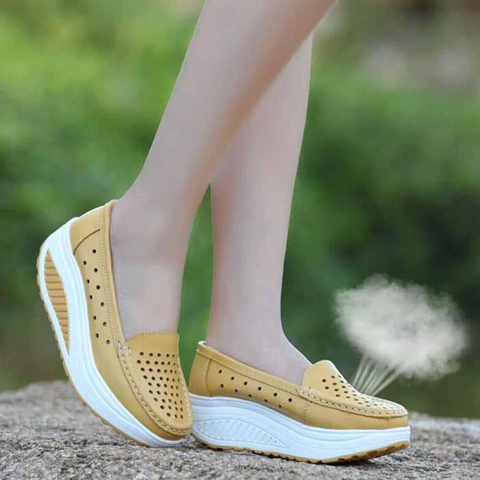 Atmungsaktive Damen-Schuhe aus Leder, Swing-Schuhe, Plattform, Krankenschwester-Arbeitsschuhe 39 dunkel gelb