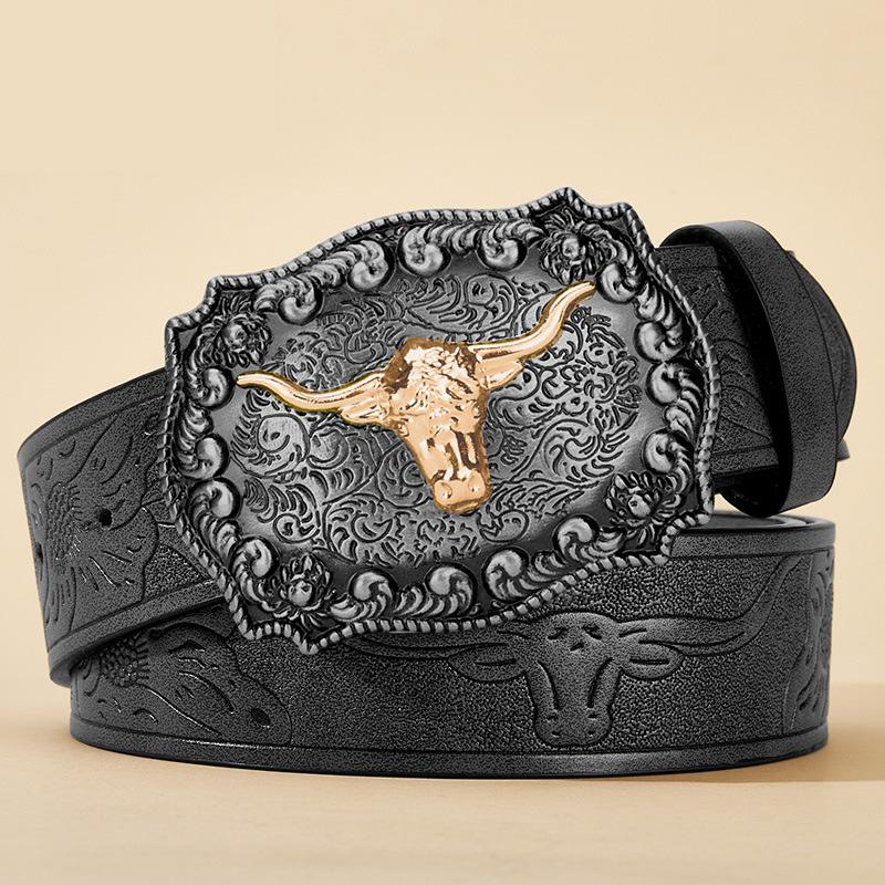 Neue Herren Western Cowboy Gürtel Cool Hübsch Schwarz PU GÜRTEL Material Geprägtes Design und Stilvolle Legierungsschnalle Herrengürtel 120cm schwarz