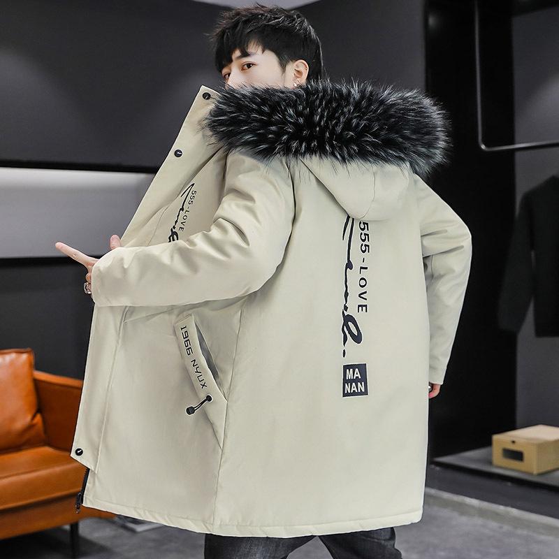 Winterjacken Verdicken Sie die Daunen-Baumwolljacke der Männer mit Pelzkragen Warmer Parka für Männer Lässiger wasserdichter langer Wintermantel XXXXL beige