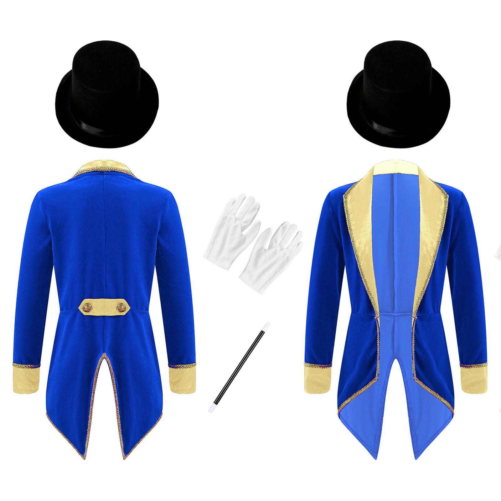 Kinder Halloween Zauberer Frack Kostüm Langarm Zirkus Ringmaster Smoking Jacke Mäntel Junge Mädchen Karneval Party Ausgefallenes Outfit 3-4 Years königsblau