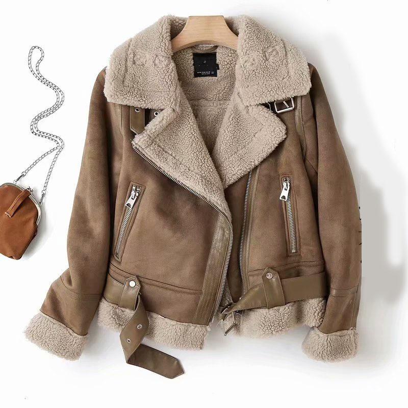 Winterjacke für Damen, dick, warm, Wildleder, Lammfell, kurze Motorradjacke, Jacke für Damen, doppelseitig, Kunstlammfell, Schaffell, Lederjacken, Oberbekleidung M