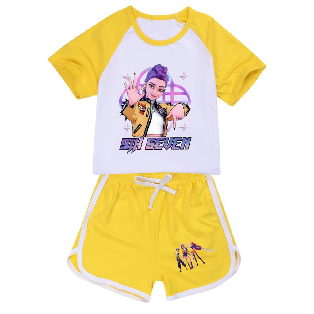 5232 Kinder Mädchen POP Rumi Zoey Mira Print T-Shirt Shorts Sport Trainingsanzug Kleider Set 130cm gelb