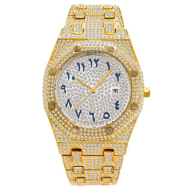 Hiphop einzigartige arabische Herrenuhren Datum Quarz Armbanduhr Gold Silber Edelstahl Luxus Diamant Uhr für Männer Schmuck gold