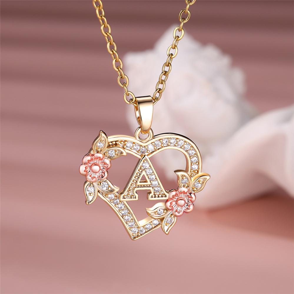 Halskette mit Herz-Anhänger, Anfangsbuchstabe AZ für Frauen, eleganter Zirkonia, Roségold, Blumen-Alphabet-Herz-Anhänger, Kette, Halsband, Schmuck, Geschenk A gold/rose gold
