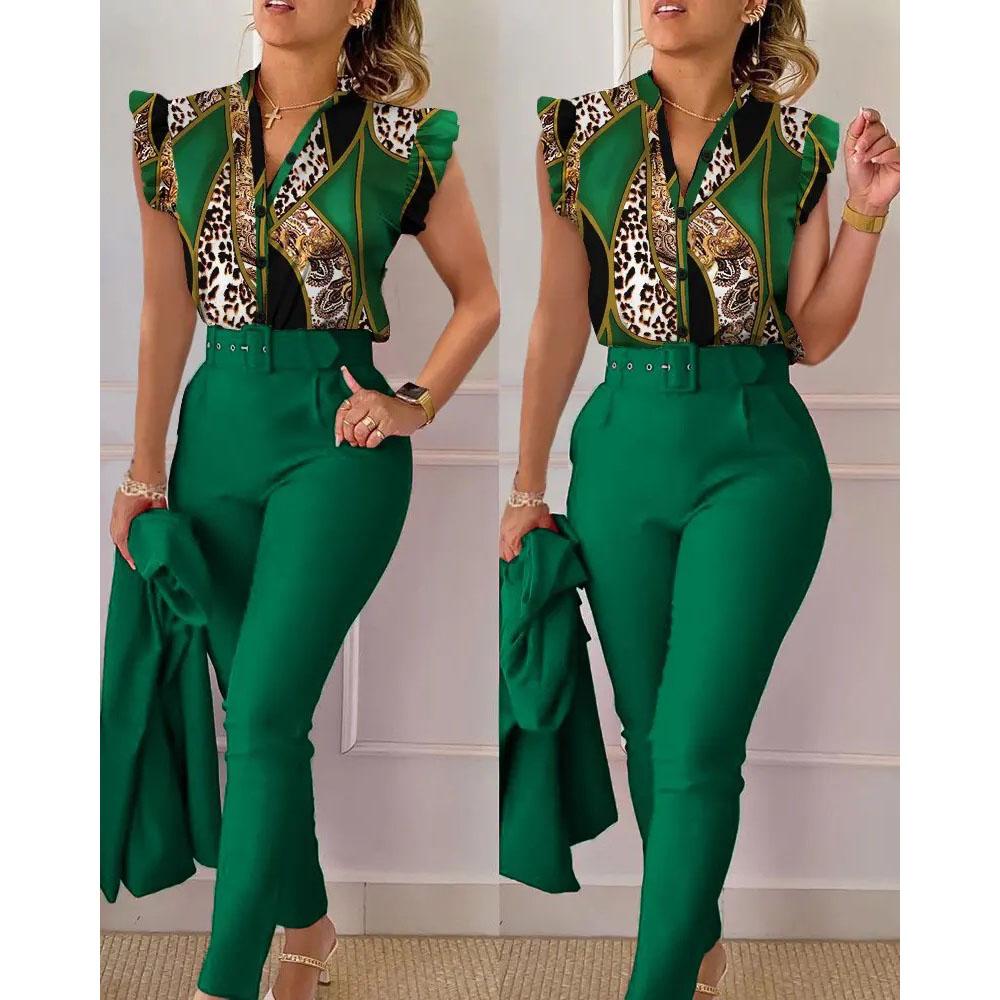 Elegantes Zweiteiler-Set für Damen, modisches bedrucktes Oberteil mit Rüschenärmeln, einfarbiges Hosenset mit Gürtel, Blusen, Damenkleidung XXXXXL