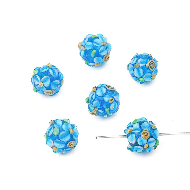 Ausgefallene handgefertigte runde Blumen-Blütenblatt-Perlen aus Glas, Lampwork-Perlen, passend für Charms, Armbänder, Halsketten, DIY-Schmuckherstellungszubehör himmelblaue