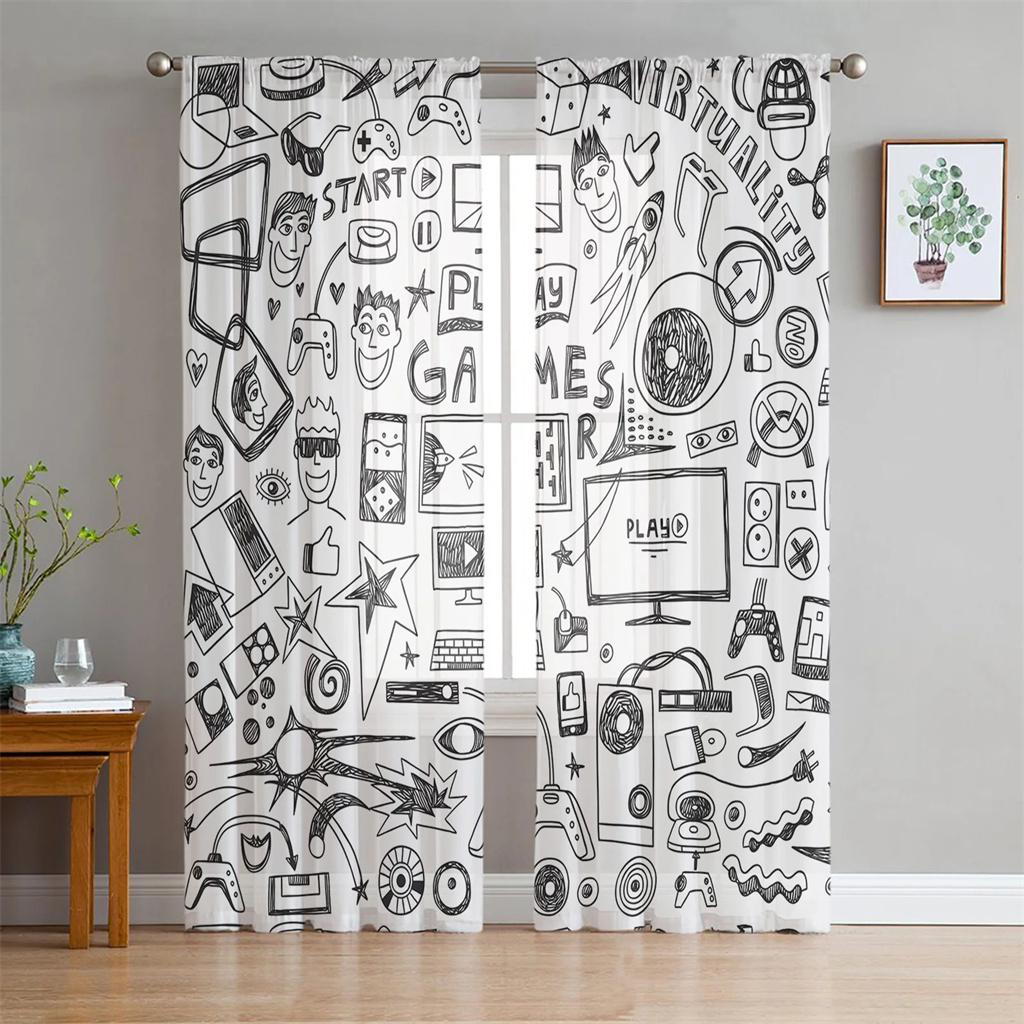 Switch Spielekonsole Weißes Gamepad Voile Vorhang für Schlafzimmer Tüll Fenstervorhang für Wohnzimmer Transparente Vorhänge Jalousien Drapierungen 2 Stück W75X166H(cm)x2Pcs&Hook