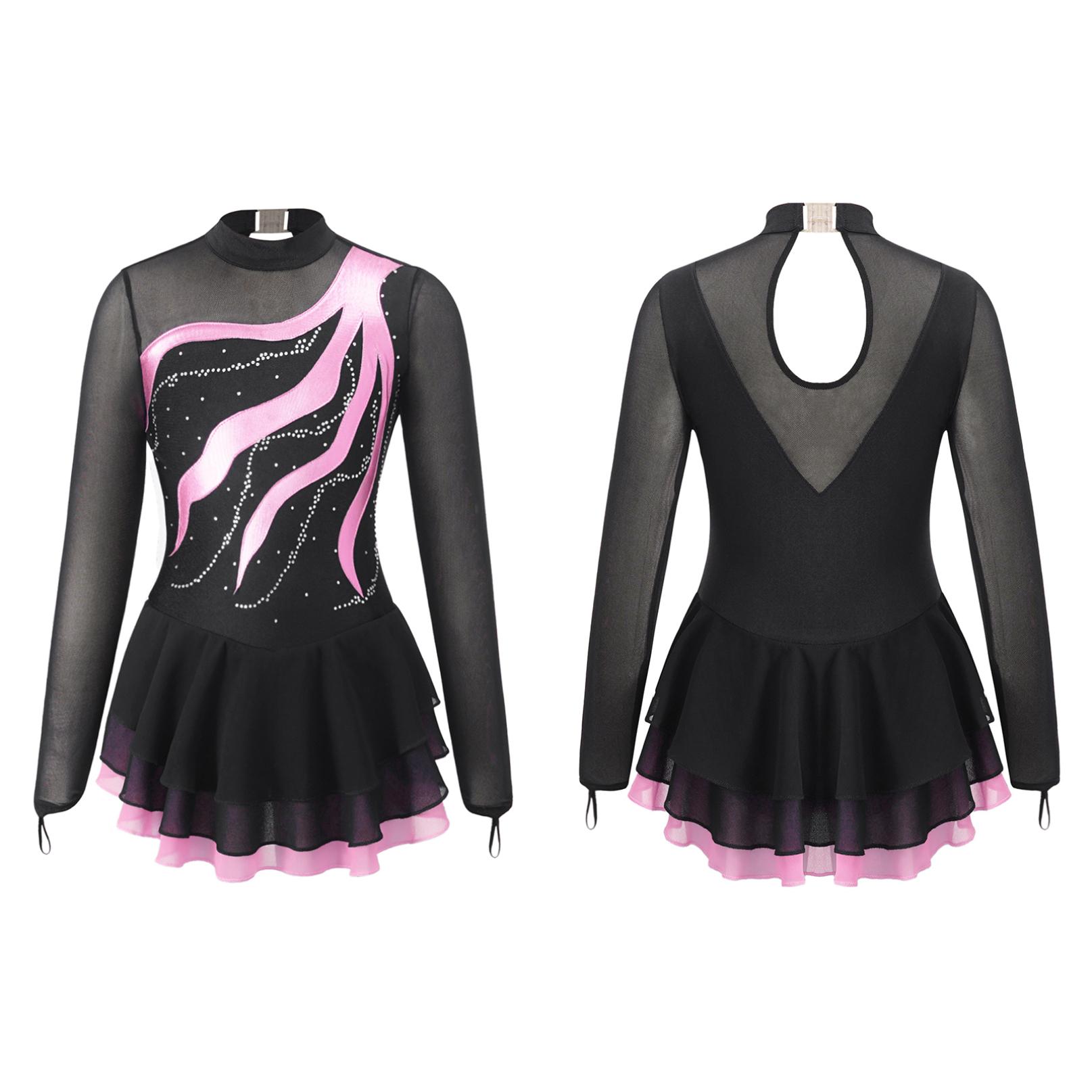Kinder Mädchen Langarm Eiskunstlauf Kleid Glänzende Strass Mesh Tutu Ballett Gymnastik Tanz Trikot Kleid 5-6 Years rosa