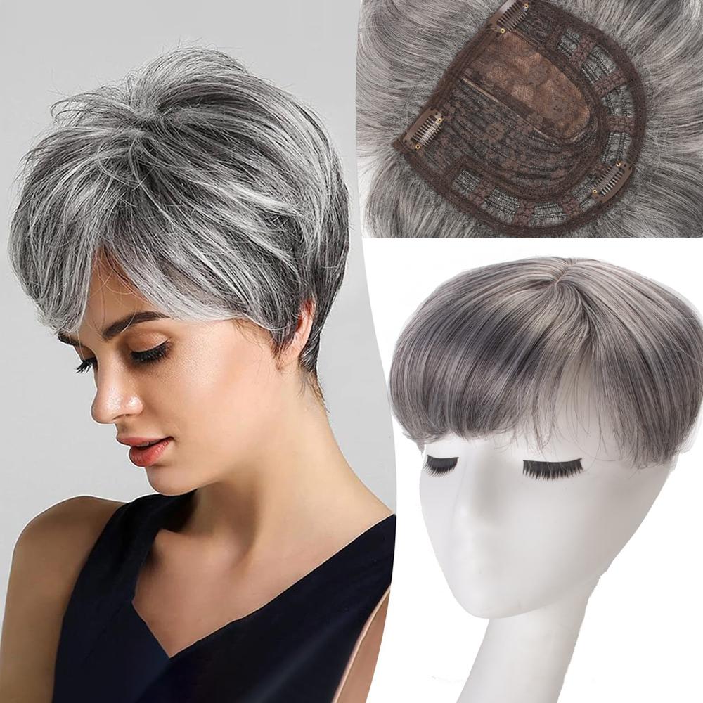 Haar-Topper 4 Zoll Haar-Topper für Frauen mit dünner werdendem Haar Clip-In Haarteile für Haarausfall Synthetische Haar-Topper mit Pony 6inches silber grau