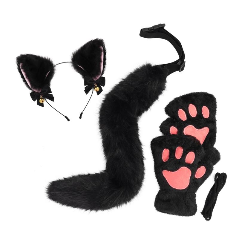 3-teiliges Halloween-Katzen-Kostümset für Mädchen Cosplay, Halloween-Katzen-Kostümzubehör mit Stirnband, Schwanz, Handschuhen schwarz