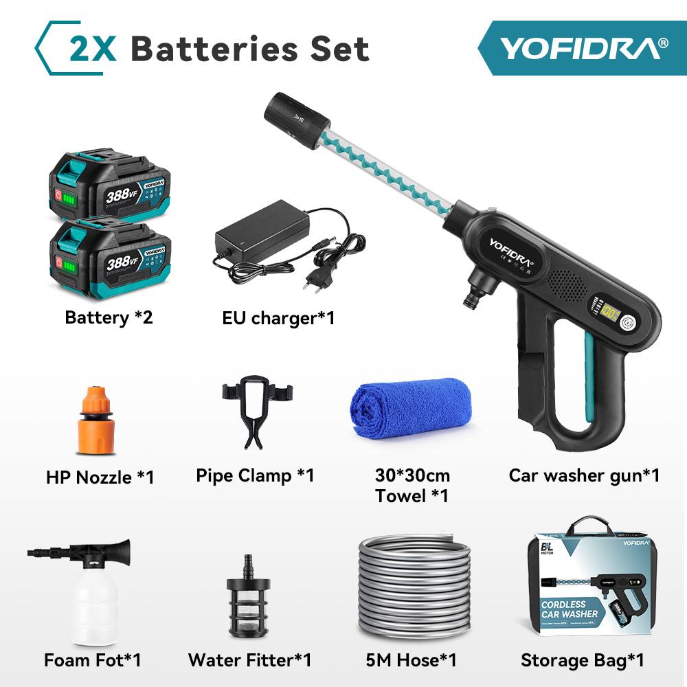 YOFIDRA 220Bar bürstenlose Hochdruck-Autowaschpistole mit 3 Gängen, elektrische Gartenwaschpistole, Elektrowerkzeug für Makita 18V Batterie 2 Battery Set