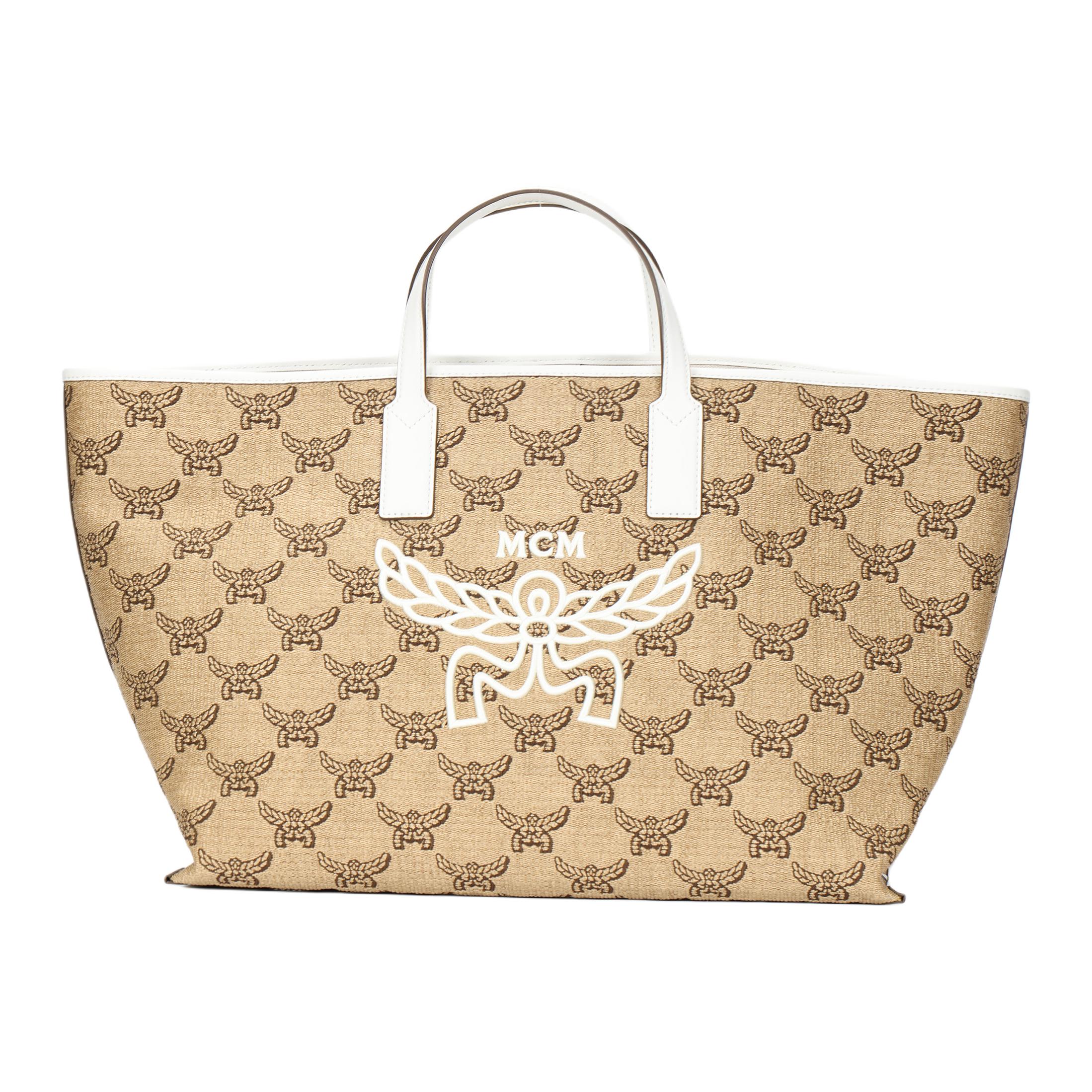MCM Himmel Bestickt Markenmuster Raffia Textil Jacquard Tragetasche Einkaufstasche Schulter Handtasche Mittel Damen Tragetaschen MWPFSAC02IN001 Basic Set (Bag+Dust Bag)
