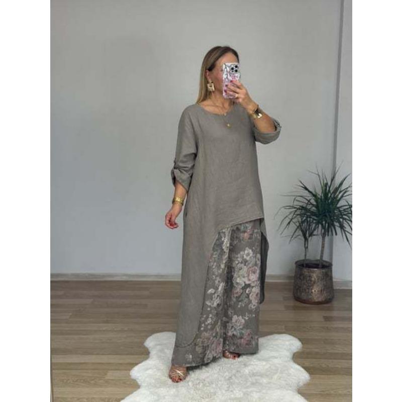 Damenmode Lässig Frühling Herbst Blumenmuster Druck Langarm O-Ausschnitt Hosen Hosen Anzüge XL graue