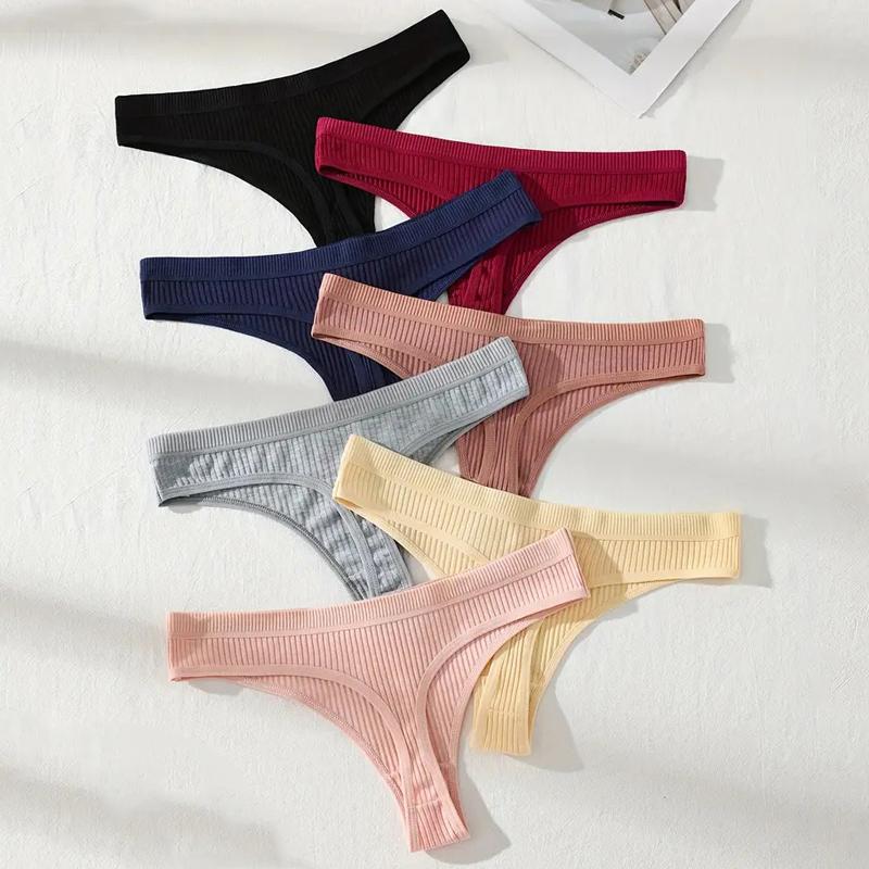 7 Stück Damen Strings Slips Baumwolle Gestreift Unterwäsche Sexy Unterhosen Einfarbiges Höschen Weiche G-Strings Damen Dessous Übergröße XS-XL L&7Pcs bunt