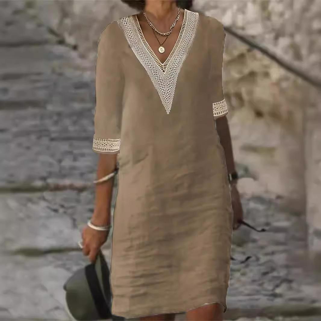 Damen Baumwolle Leinen Spitze Ausschnitt Manschette V-Ausschnitt Kleid Mode Einfarbig Aushöhlen Mini Kleid Damen Freizeit Halbarm Kleid L hellbraun