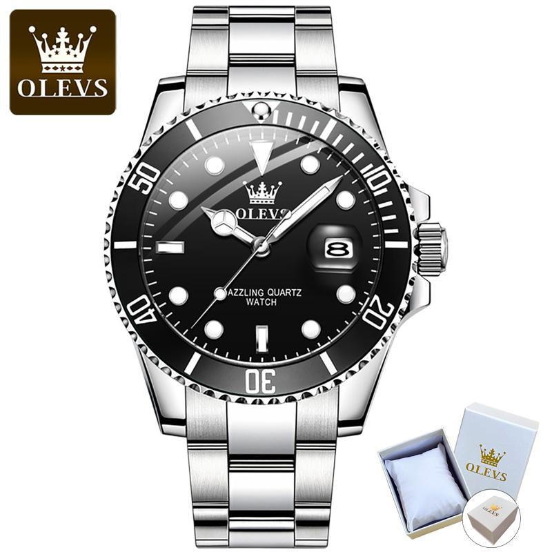 OLEVS 5885 mit Geschenkbox, luxuriöse grüne Wassergeist-Quarzuhr, wasserdichte Herrenuhr, Herrenuhr silber/schwarz