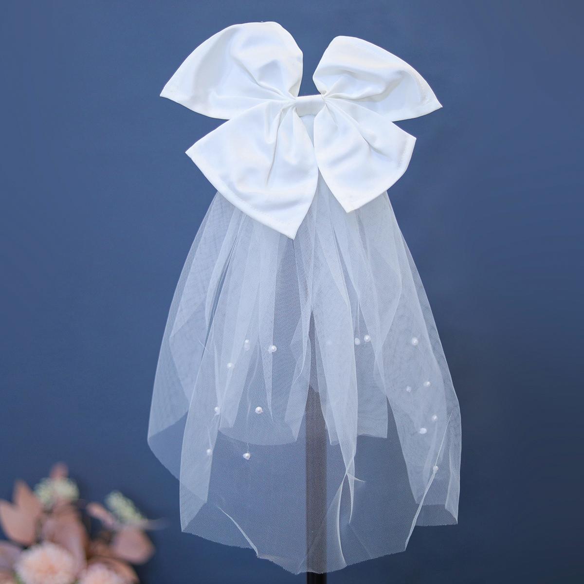 Elegante Hochzeit Braut Hochzeit Kopfschmuck Weißer Schleier Kopfschmuck Imitationsperle Schleife Kurzer Schleier Hinterkopfdeko Haaraccessoires white
