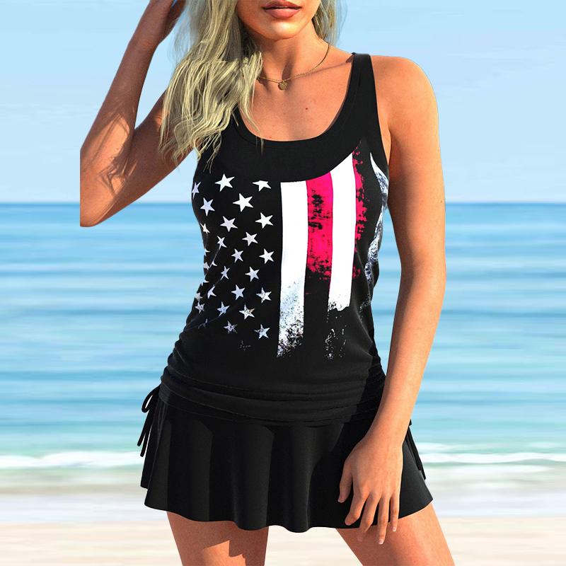 Damen-Badeanzug mit Schultergurt, hellblauer Wellen-Print, Bikini-Tankini-Badeanzug 4XL schwarz