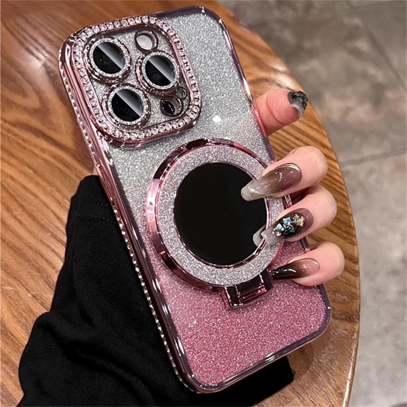 Für iPhone 17 16 Pro Max Luxus Beschichtung Flash Spiegelhalter Ständer Diamantrahmen Für iPhone 11 12 13 14 15Plus Linsenschutzhülle iPhone 15 rosa