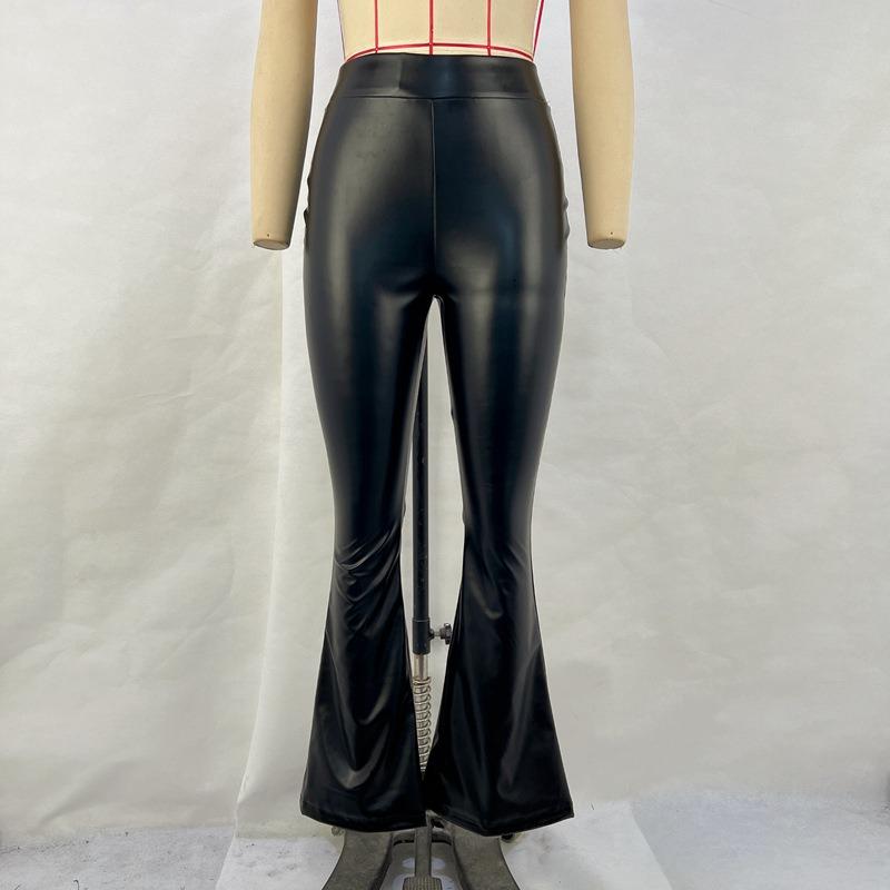 Damen High Waisted Glossy Lederhose Schwarze Schlaghose M schwarz