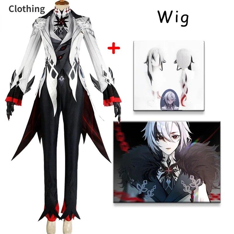 Genshin Impact Arlecchino The Knave Cosplay Kostüm Komplettset Perücke Uniform Elf Fatui Harbingers Outfit Halloween Karneval Party XXXL-(Costume+Wig)