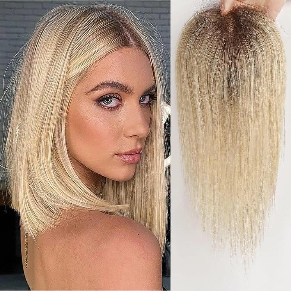 HAIRCUBE 100 % Remy-Echthaar-Topper für Frauen, Mittelteil, blond, goldfarben, Echthaarteile für dünner werdendes Haar, Seidenbasis, Clip-in-Topper
