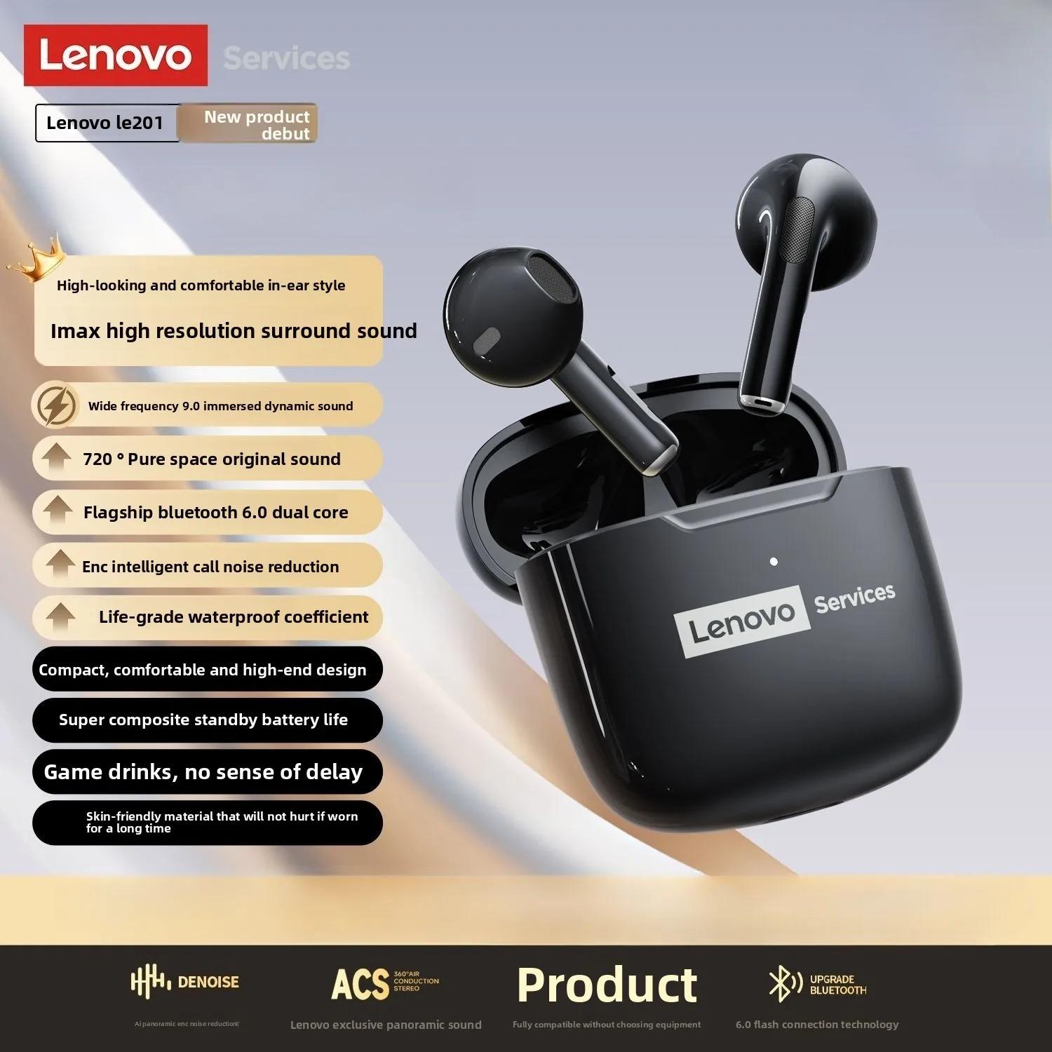 Originale Lenovo LE201 Drahtlose Kopfhörer Bluetooth 6.0 Ohrhörer ENC Anrufgeräuschunterdrückung Ultralange Latenz Surround-Sound Kopfhörer schwarz