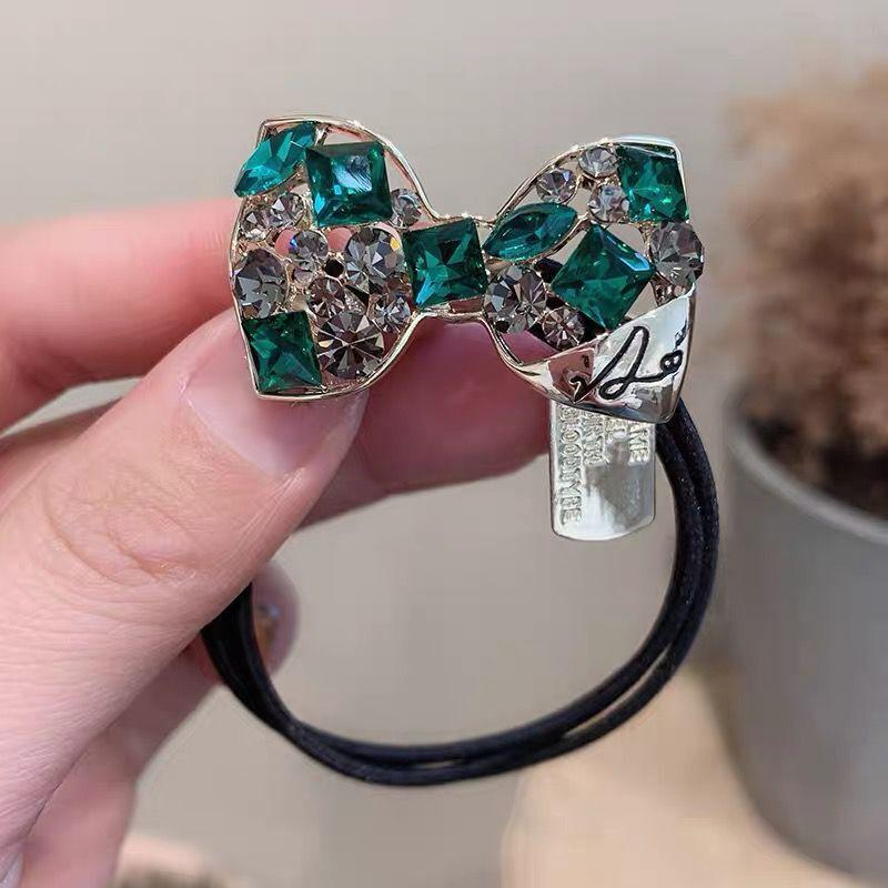 Mode Kristall Strass Haar Seil Frauen Krawatte Haar Gummiband Pferdeschwanz Haar Ring Einfache Retro Haar Krawatte Haar Zubehör green bow