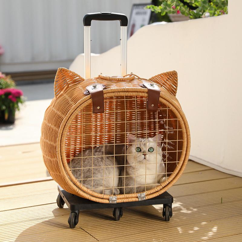 Haustier Katze Tasche Atmungsaktiv Tragbar Welpe Hund Transportträger Rattan Trolley Katzenwagen Reisebox Katzenkäfig Katzenbox Haustier Trolley 1PCS