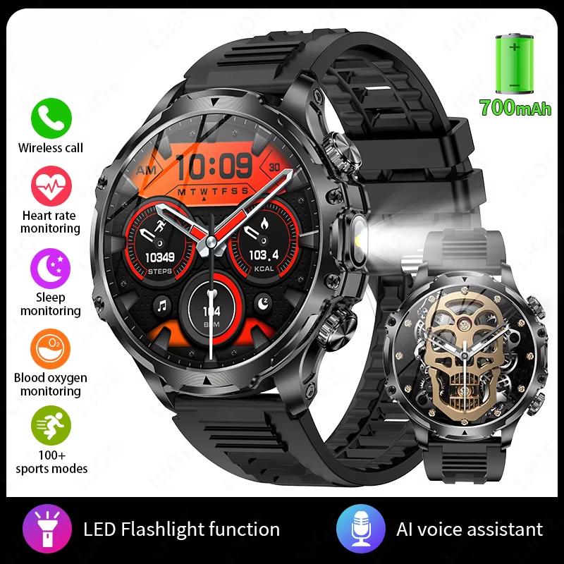 2025 Neue Smartwatch Taschenlampe 1,9 Zoll Herren Outdoor Sport Fitness Tracker 700mAh Großer Akku BT Anrufe LED Licht Smartwatch Silicone Belt schwarz