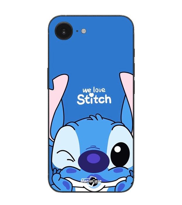 Hülle Maniacase Für iPhone 16E stitch süß ohana stitch blau Vorderseite blau schwarz