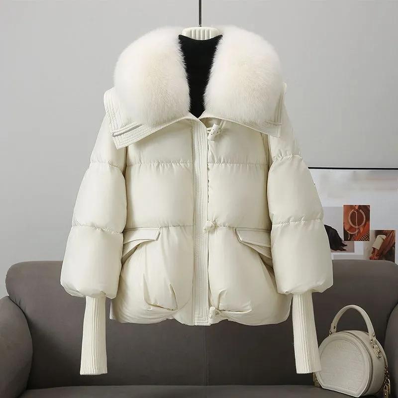 Wintermantel für Damen, warm, dick, mit Pelzkragen, kurze Daunen-Baumwolle, lockere Oberbekleidung, einfarbig, lässig, Parkas, Mäntel L weiß