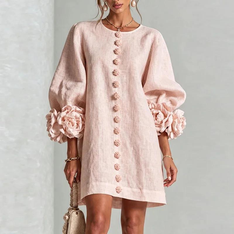 Damen Lockeres Minikleid Rundhalsausschnitt Puffärmel Langarm 3D Blumenmanschette Dekorativer Knopf Vorne Freizeit Leinenoptik Damen Kurze Kleider XS rosa