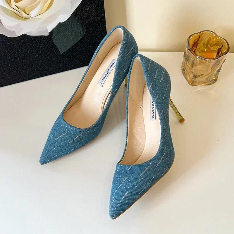 Mode Übergröße Schuhe Mode Damen Sommer High Heels Hochzeitsschuhe Denim Spitz Stilettoabsatz Arbeitsschuhe 8cm High Heels 39 himmelblaue