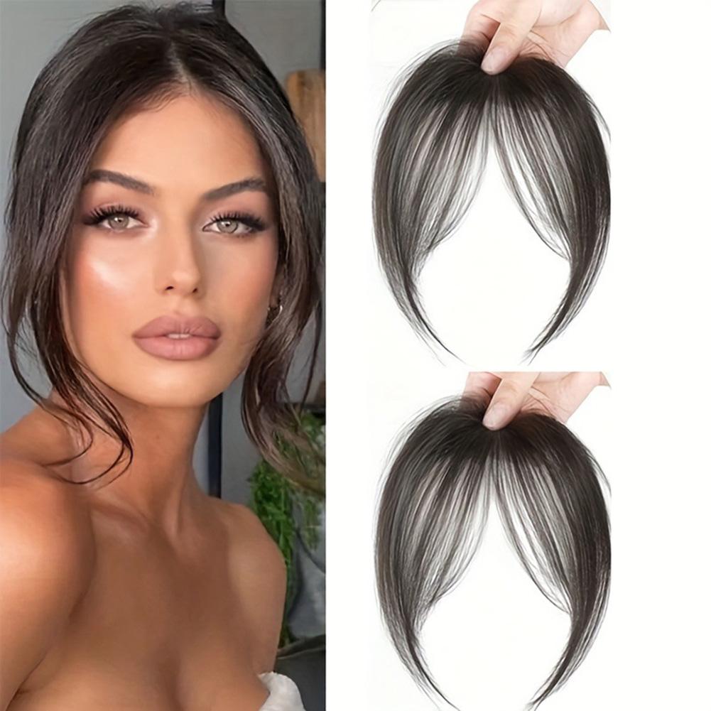 Acht Zeichen Pony Haarspange Damen Oberteil Haarersatz Flauschiger Nahtloser Pony Haarspange Damen Mädchen Perücke Falsches Haarteil schwarz grau