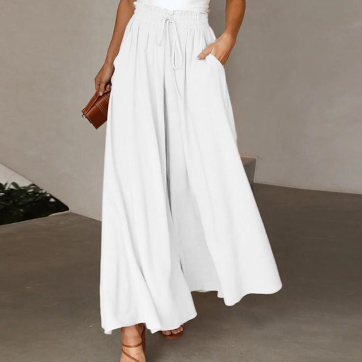 Damen Weitbeinige Hosen Sommer Culottes Elastischer Hoher Bund Fließende Palazzo-Hosen Locker Ausgestellte Hosen mit Taschen XXL weiß