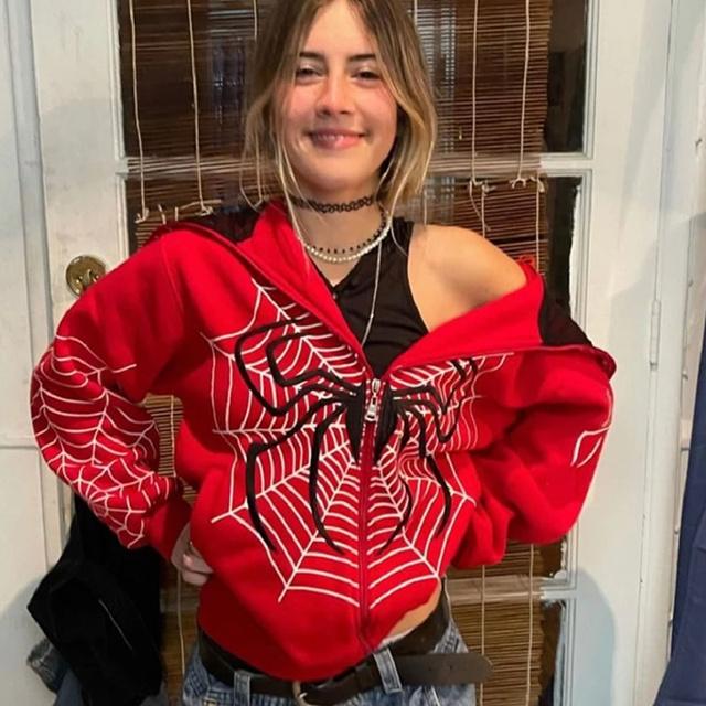 Y2k Emo Frauen Streetwear Hoodie Spinnennetz Rot Zip Up Hoodies Grunge Übergroßen Sweatshirt Gothic Harajuku Alt Jacken Kleidung L rot